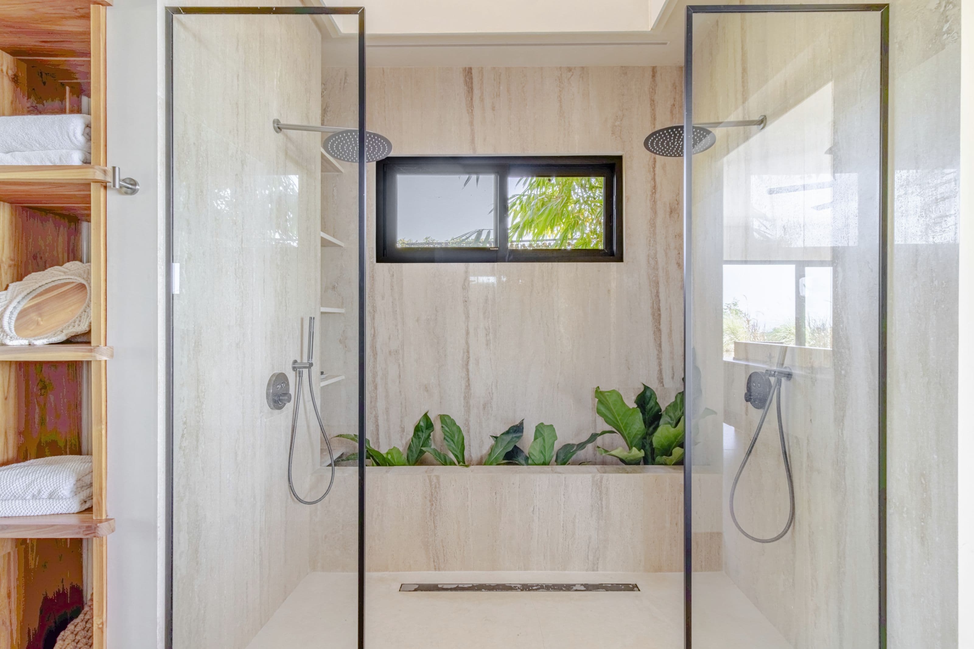 Double rain shower with an indoor planter