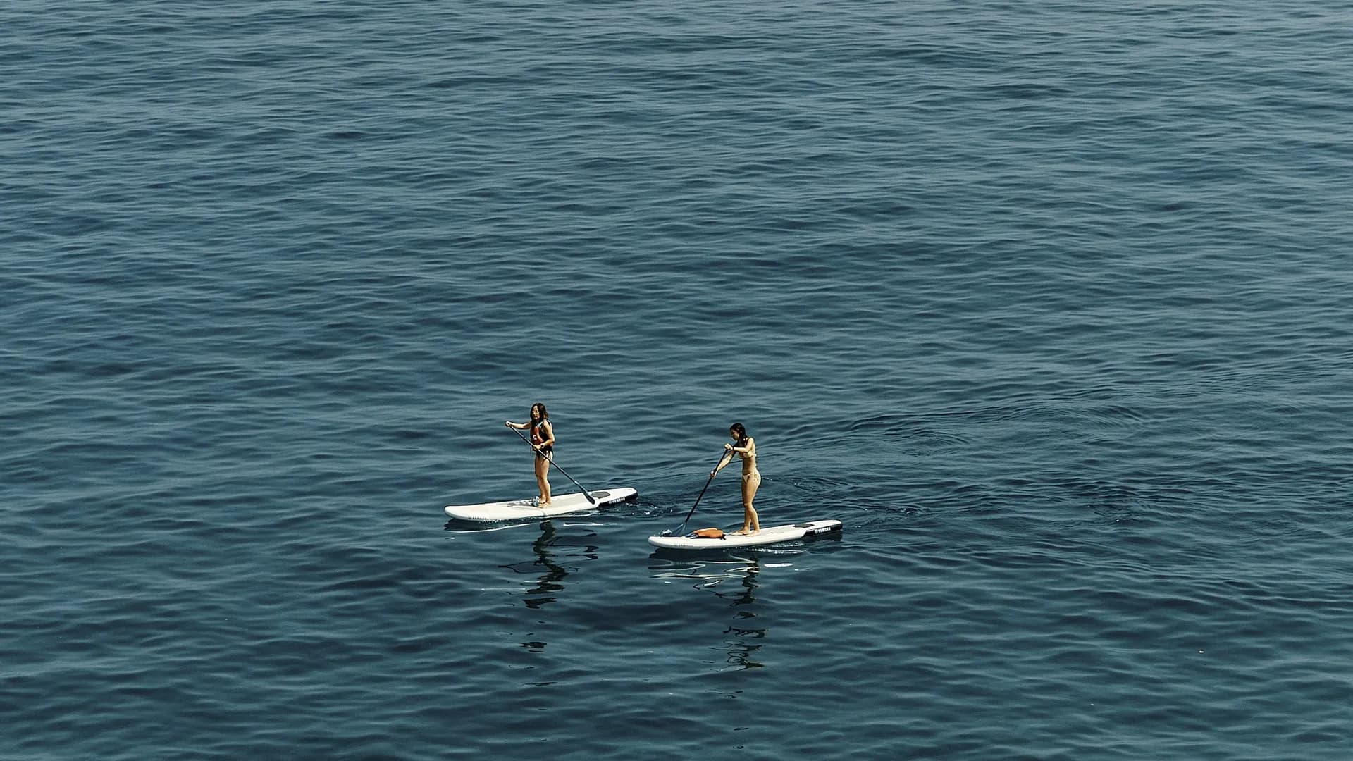 Two paddleboarders on blue water off Playa de Calahonda, Spain.