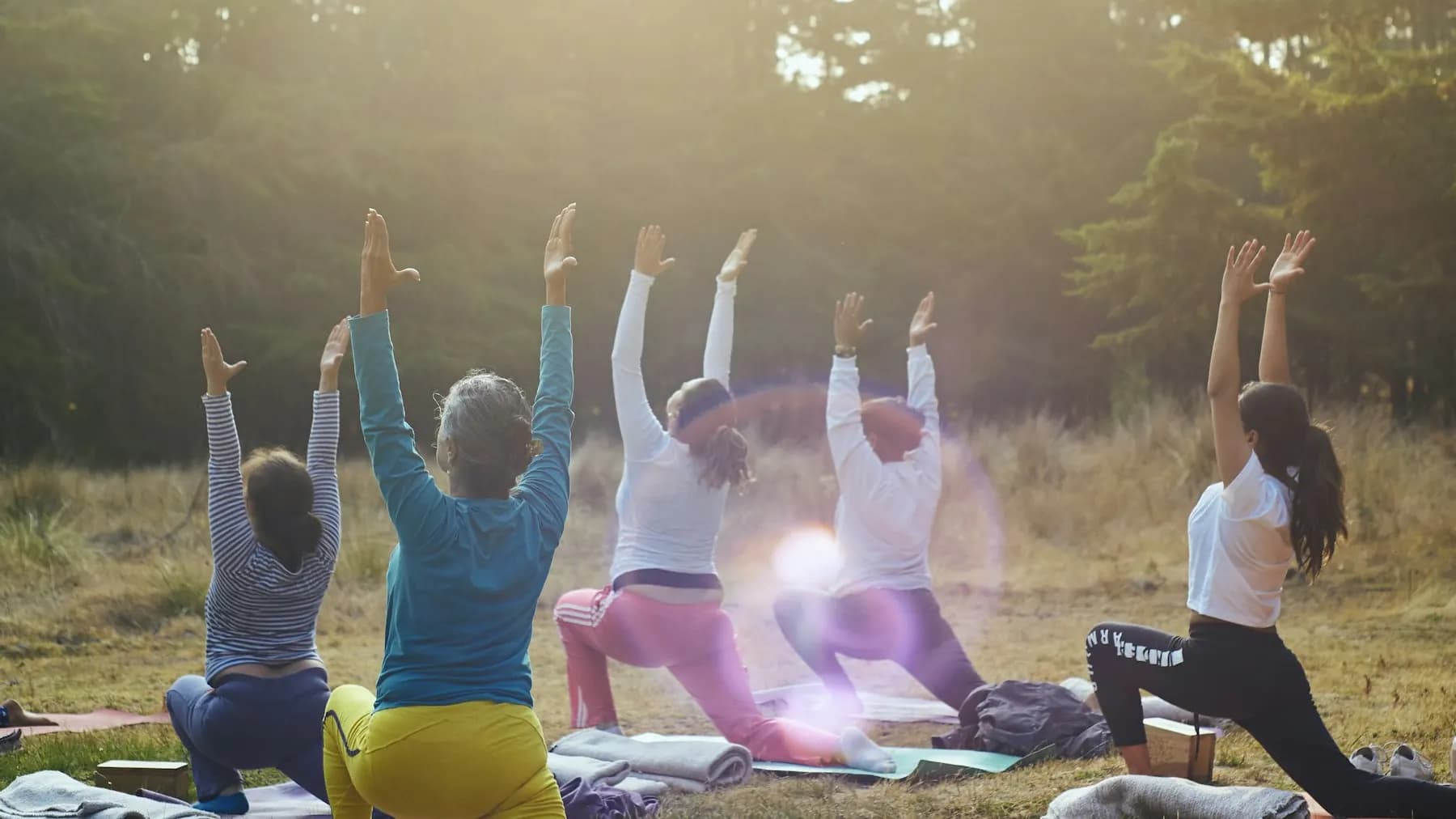 A group practicing yoga on blankets in a grassy clearing with warm sunlight filtering through trees.