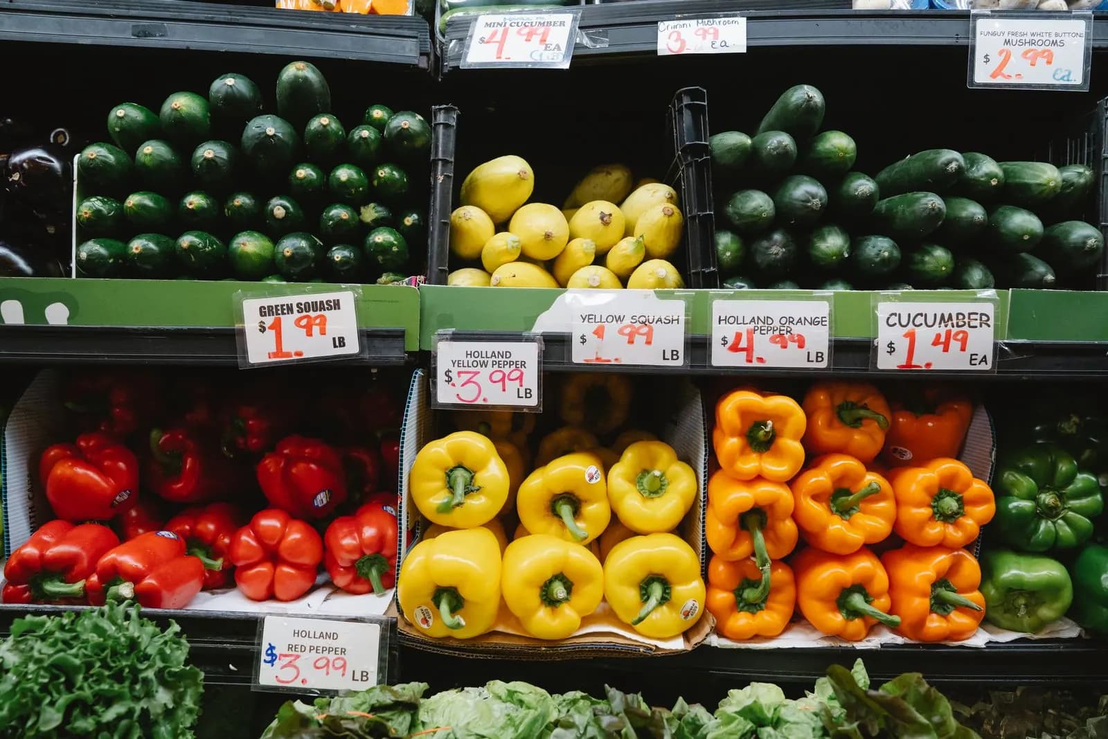 Fresh peppers, squash and cucumbers are arranged in colorful rows in a supermarket produce display.