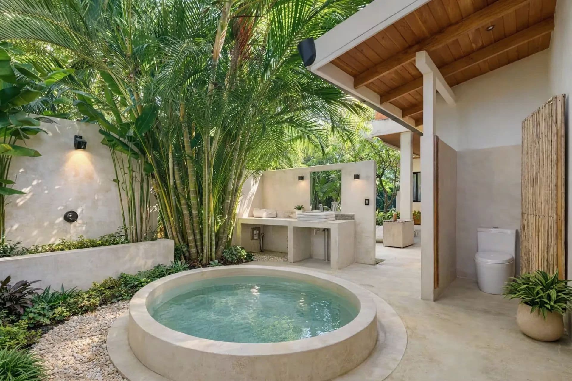 Open-air garden bathroom with a round tub filled with water, surrounded by palms